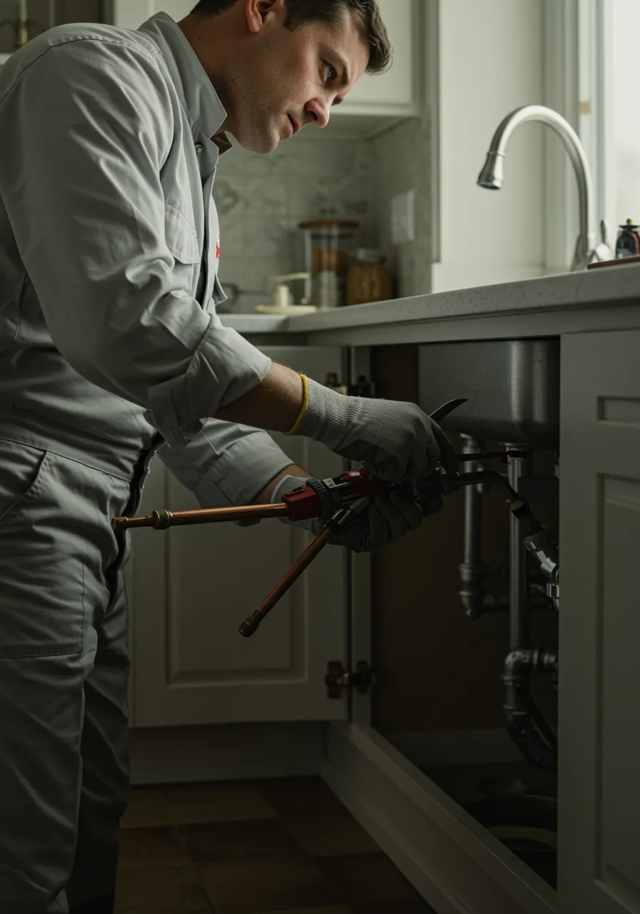 imagen21 "Plomero blanco en uniforme con cruz repara tuberías de cobre bajo un fregadero moderno, reflejando excelencia y compromiso en su trabajo."