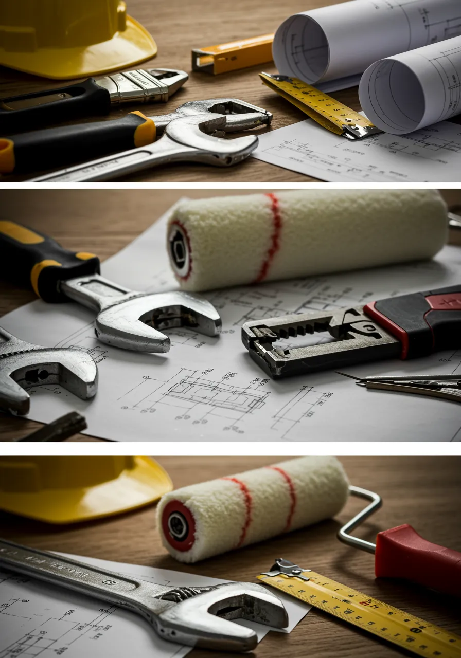 "Collage fotorealista de herramientas de construcción, como llave, pelacables y rodillo, en una mesa de madera, representando servicios de construcción integrales basados en la fe y el compromiso."