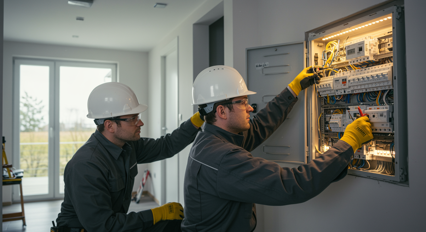 "Electricistas profesionales en uniforme instalando un panel de interruptores en un hogar moderno, destacando seguridad y eficiencia energética con iluminación LED."