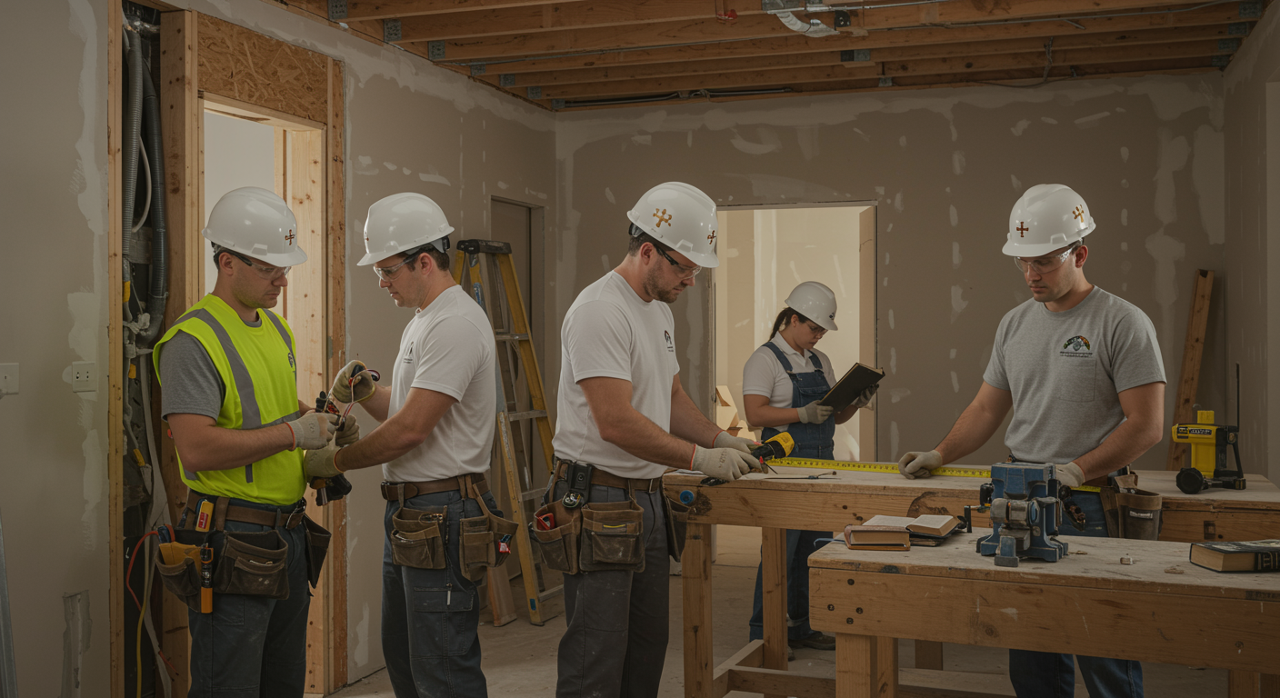 "Equipo de profesionales de la construcción colaborando en un proyecto de renovación moderna con símbolos cristianos, mostrando confianza y excelencia en el servicio."