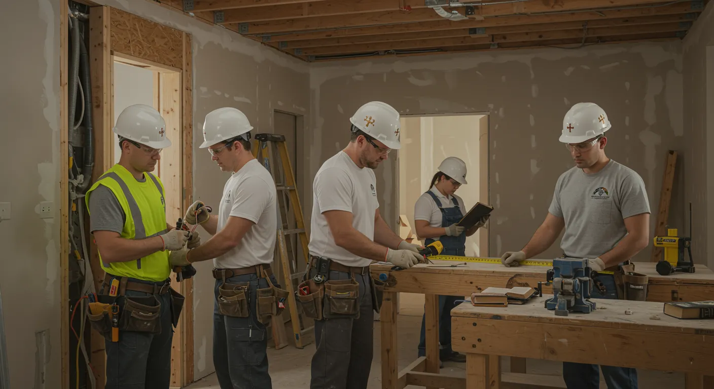 imagen26 3 "Equipo de profesionales de la construcción colaborando en un proyecto de renovación moderna con símbolos cristianos, mostrando confianza y excelencia en el servicio."