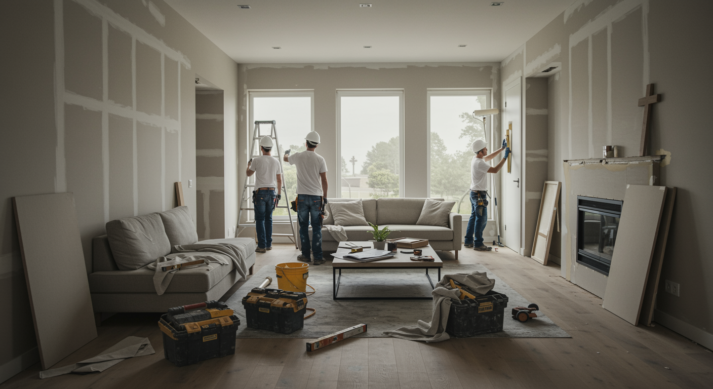 "Ilustración ultra-realista de un salón moderno en renovación, destacando a tres profesionales de la construcción trabajando con precisión en un ambiente iluminado y acogedor."