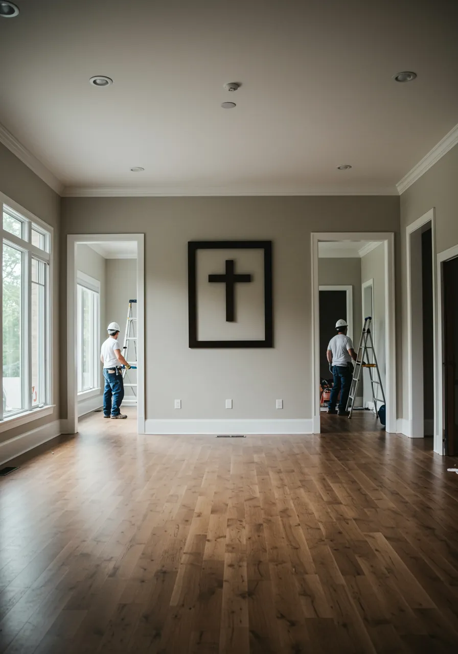 "Imagen fotorrealista de un salón abierto recién renovado con pisos de madera, pintura neutra y trabajadores de construcción realizando los últimos detalles, ideal para proyectos de renovación integral."